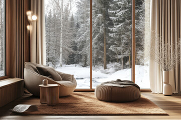 A cozy 3D background room in minimalist Scandinavian style. Soft warm lighting, wooden flooring, and neutral-toned furniture. A large window lets in natural sunlight, revealing a snowy forest outside.