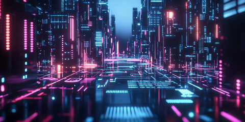 A high-tech 3D abstract background with glowing digital circuits forming a seamless futuristic pattern. The pulsating neon lights and deep reflective surfaces create an immersive cyberpunk atmosphere.