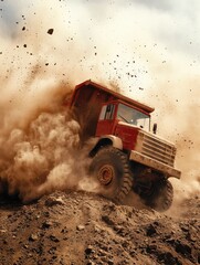 Fototapeta premium Mining dump truck loaded with crushed stone moves at high speed in a cloud of stone dust at a mining enterprise, close-up. hy per realistic