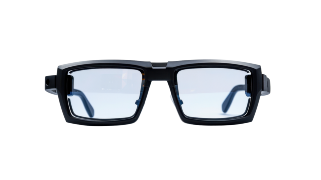 Modern eyeglasses isolated on transparent background, featuring blue lenses and sleek black frame - Powered by Adobe