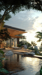 Naklejka premium Luxury villa with infinity pool overlooking the ocean at sunset