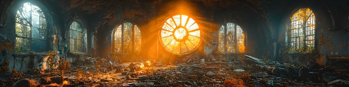A dark room with a large clock in the center