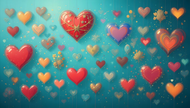 Floating Heart Balloons on Teal Background with Festive Confetti Design