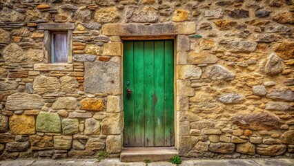 Rustic Aged Green Door Set in Ancient Stonework Wall with Small Window
