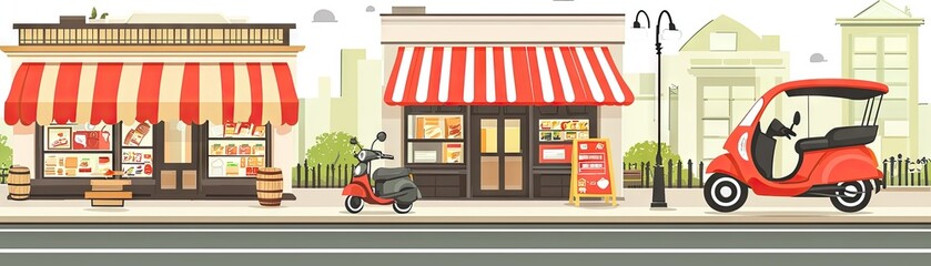 Street scene with shops and a scooter. Possible use for a city guide or tourism app