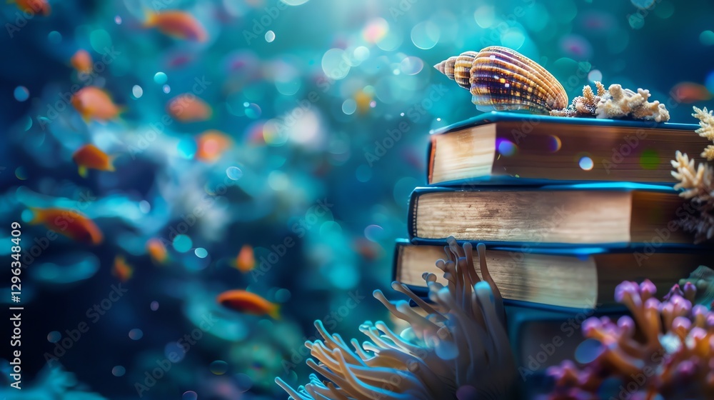 Poster a seashell rests atop a stack of books in front of a blurry background of coral reef and fish.