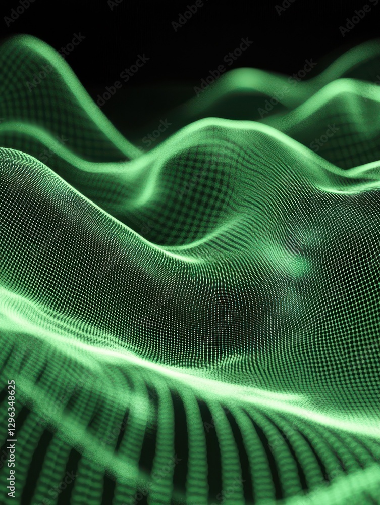 Poster abstract light green grid waves on dark background. technology concept. 3d rendering