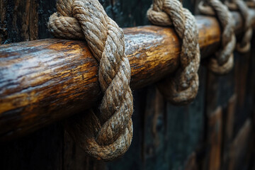 Wood and rope. Close-up of rope loops holding a wooden beam. Construction of a wooden suspension bridge.