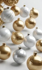 White background featuring a collection of glittering christmas ornaments, holiday season, shiny baubles