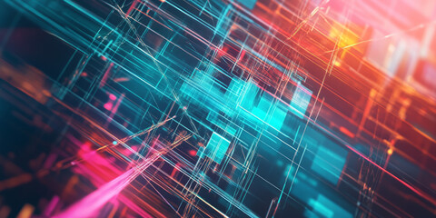 A high-tech abstract background with interwoven holographic prisms dynamically shifting within a radiant cybernetic grid. The seamless reflections and smooth transparency effects create a mesmerizing