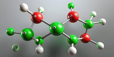 A detailed three-dimensional rendering of a complex molecular structure, featuring vibrant red, green, and white spheres connected by metallic rods, against a neutral backdrop.