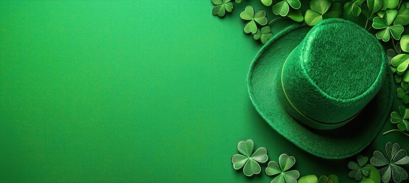 Arri&egrave;re-plan vert avec un chapeau de la Saint-Patrick et des tr&egrave;fles sur le c&ocirc;t&eacute; droit, vue de dessus, image avec espace pour texte.