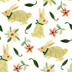 Seamless pattern with funny cartoon Bunnies. Hand-drawn illustration.