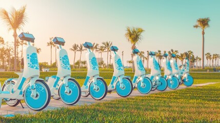 A row of blue and white electric scooters parked on a grassy area.