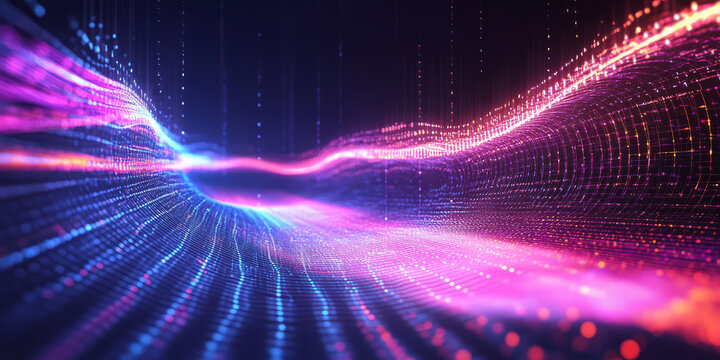 A cybernetic 3D music background showcasing a levitating neon waveform stretching across a futuristic, digital void. The abstract, glowing energy pulses with rhythmic beats, forming an immersive