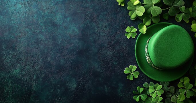 Fond avec un chapeau de la Saint-Patrick et des tr&egrave;fles sur le c&ocirc;t&eacute; droit, vue de dessus, image avec espace pour texte.