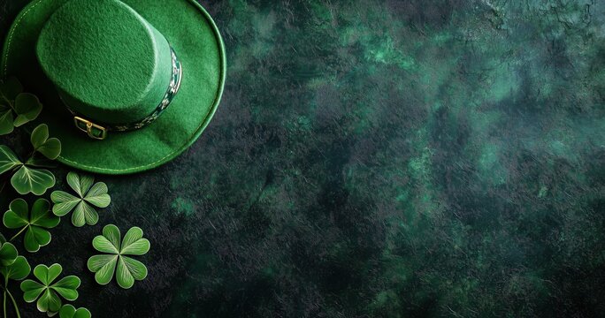 Fond avec un chapeau de la Saint-Patrick et des tr&egrave;fles sur le c&ocirc;t&eacute; gauche, vue de dessus, image avec espace pour texte.
