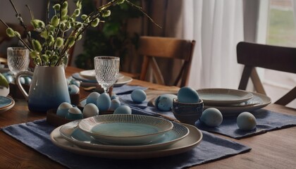 Fototapeta premium Easter table with ceramic dishware, organic drawed eggs and a beautiful serving