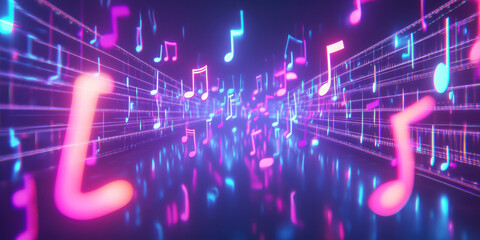 A breathtaking 3D abstract background featuring an array of glowing, floating musical notes suspended in a neon-lit void. The vibrant pulses of energy create an abstract and futuristic visualization