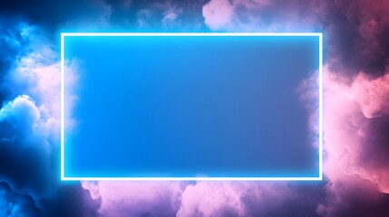 A rectangular neon frame floats in a vivid colorful cloudscape