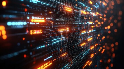 Digital data stream flowing, futuristic server room, bokeh background, tech concept