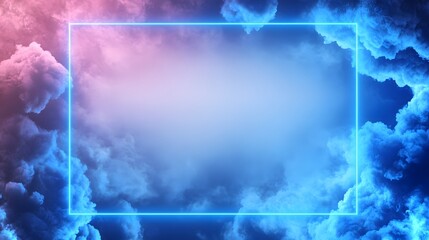 Fototapeta premium Glowing blue rectangle is framed by colorful fluffy clouds
