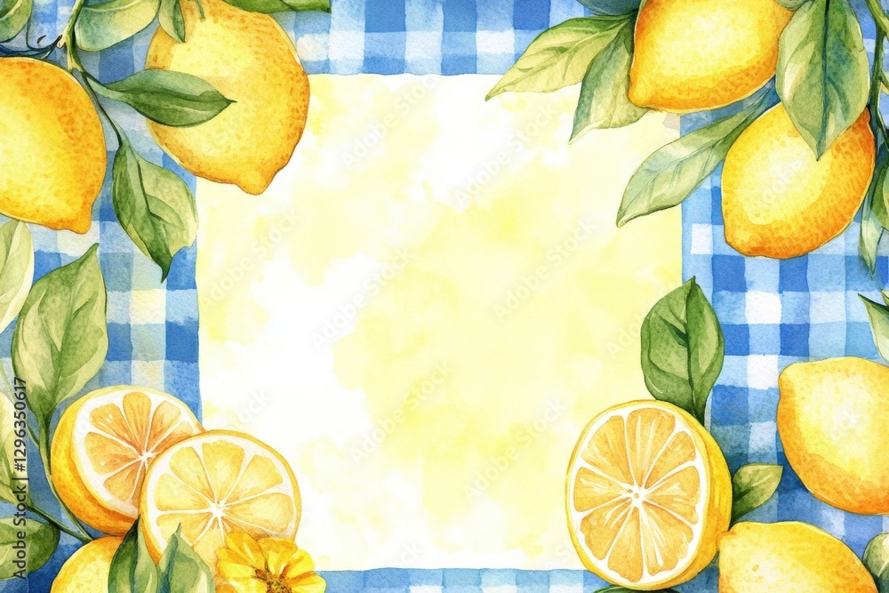 Poster Lemon border design on a blue checkered background with a blank space for text in a fresh and vibrant style. Generative AI