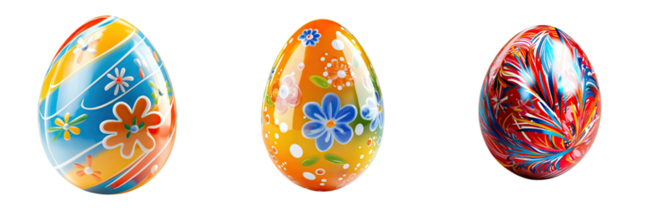 Easter day Decoratively painted eggs in vibrant colors on a transparent background.