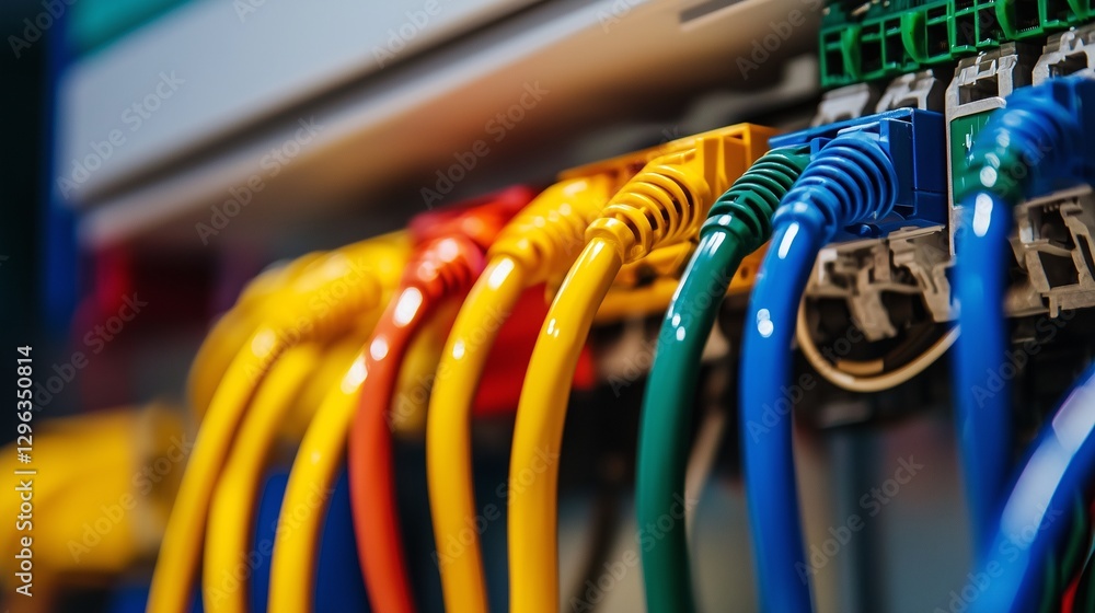 Poster colorful network cables plugged into a server, symbolizing connectivity and data flow.