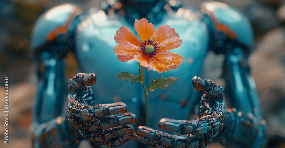Poster a humanoid robot gently cradles a delicate flower in its metallic hands, representing a connection b