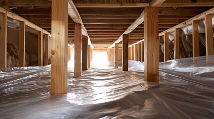 Crawl space with vapor barrier and wooden beams, illustrating foundation repair insulation.