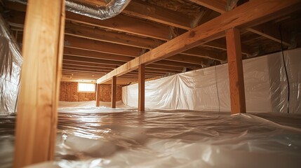 Crawl space with encapsulation materials, wooden beams, and vapor barrier.