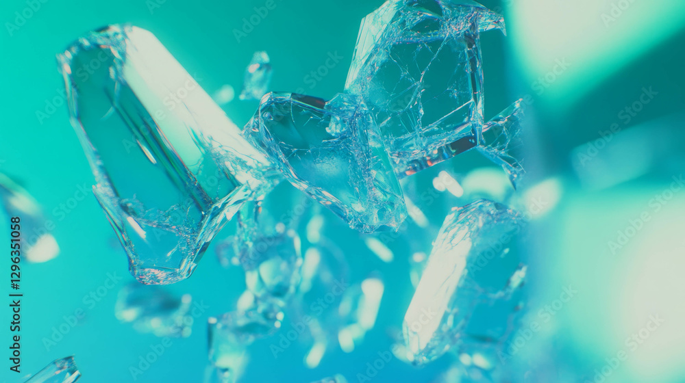 Poster cyan broken glass background with large fragments for abstract design and visual art