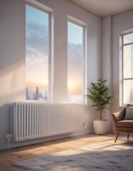 White radiator emitting warmth in a room with winter view, cold weather, heating unit
