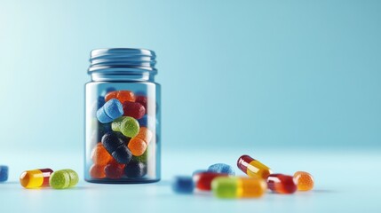 Glass jar filled with colorful jelly beans on a wooden table with a photo backdrop