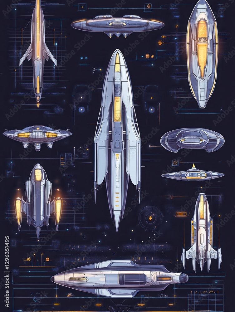 Poster spaceship and spacecrafts cartoon set for space computer and smartphone game. ufo and shuttle for sp