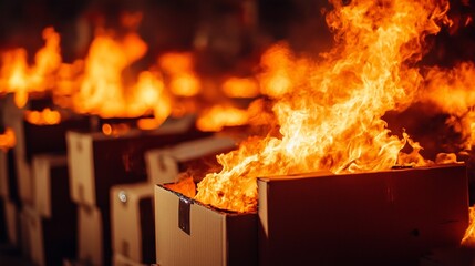 Cardboard boxes on fire in a warehouse symbolize the importance of fire safety measures.