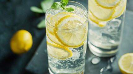Glasses of lemon water with mint symbolize refreshing and healthy hydration.