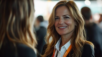Obraz premium Businesswoman networking at a corporate event, engaging in conversation and building professional relationships at a conference, success and collaboration focus.