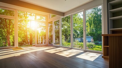 Sunlit room with large windows, hardwood floors, and shelves symbolizes fresh home refurbishment and maintenance.