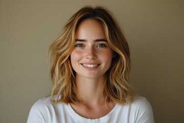 Smiling German Woman Portrait, White T-Shirt, Copy Space Background