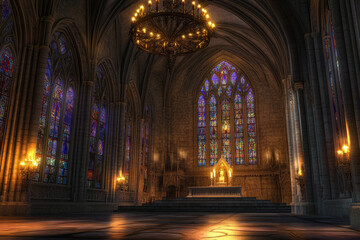 A grand gothic cathedral 3D background featuring an imposing marble podium at the center of the vast hall. Stained glass windows cast multicolored light across the intricate stone carvings, while