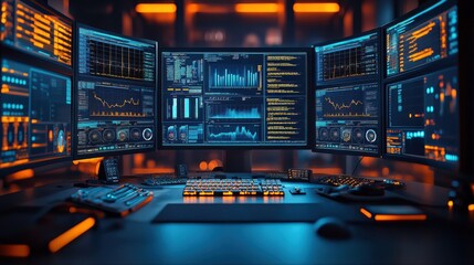 Modern Control Room Showcasing Real-Time Big Data Processing With Multiple Monitors. Generative AI