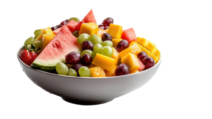A bowl of fresh fruit salad with a variety of fruits like watermelon, orange slices, mango, and grapes, arranged neatly, isolated on a transparent background with droplets of freshness