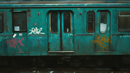 Urban art vibes: dark graffiti covered train car for creative design or urban aesthetics