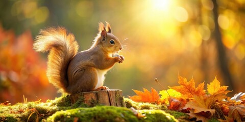 Obraz premium A fluffy-tailed squirrel enjoys a snack perched on a mossy stump amidst vibrant autumn foliage bathed in the golden sunlight of a tranquil forest
