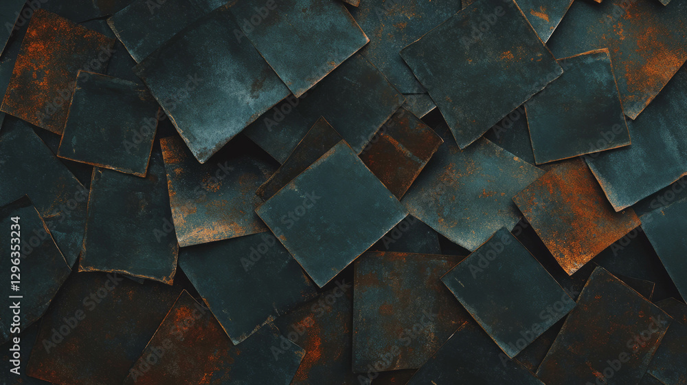 Poster Industrial texture of overlapping dark and rusty metal plates for background use