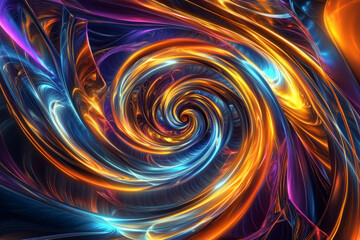 A hypnotic 3D abstract background showcasing a swirling vortex of pulsating neon waves. The complex digital movement and glowing reflections create a futuristic high-tech illusion of energy and