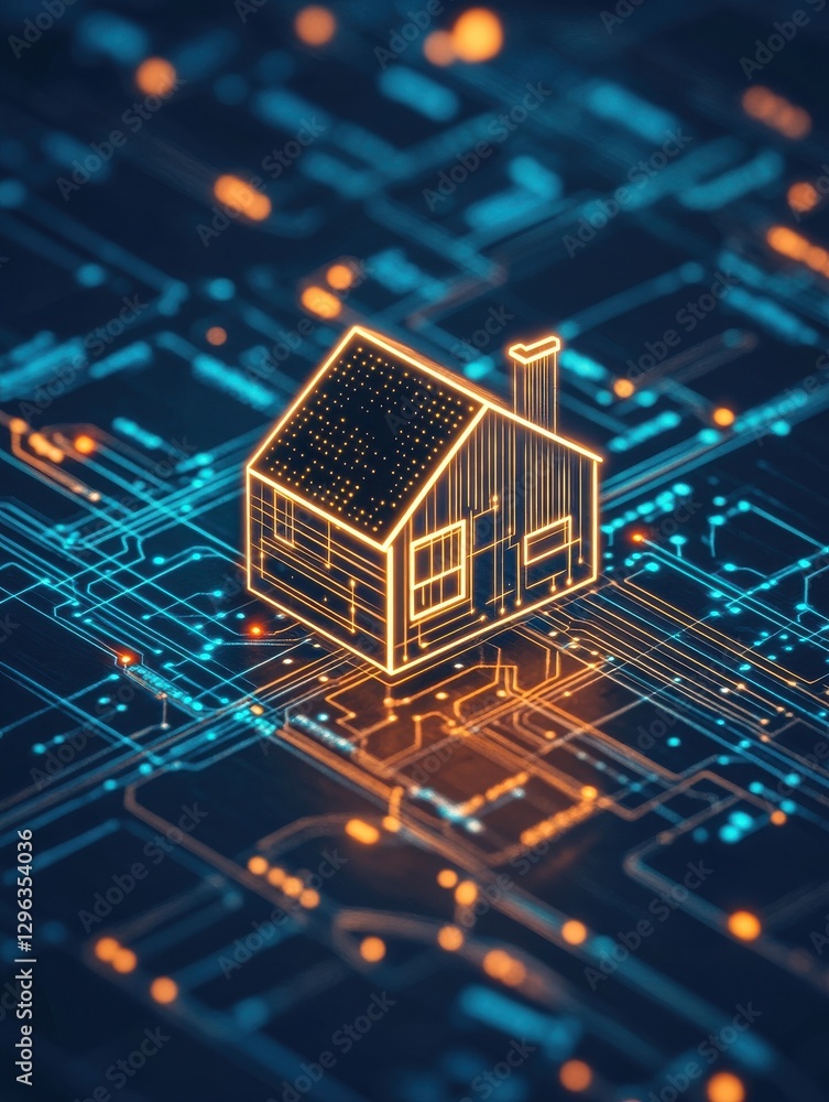 Poster smart system management and smart home technologies concept with glowing digital home icon surrounde