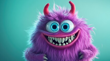 Fototapeta premium Cute purple monster with big eyes and sharp teeth, cartoon character smiling, playful design, fun creature, imaginative art, colorful background, whimsical illustration.